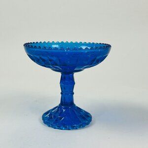 Vintage Diamond Glass Candy Dish Aqua Blue Pedestal Retro Table Decor